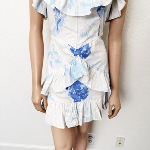 [SABO] White Peony Blue Floral Print Ruffle Mini Dress NWT Fit & Flare Sz Large - Picture 7 of 12